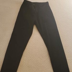 Black jeans.  Skinny leg. Raw edges